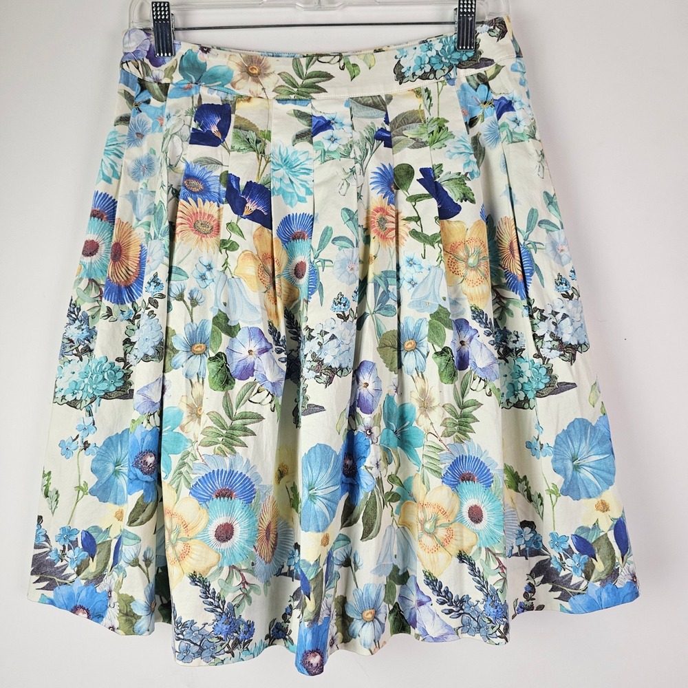 Talbots Petites Floral Pleated A-Line Skirt Blue Yellow White Size 4P